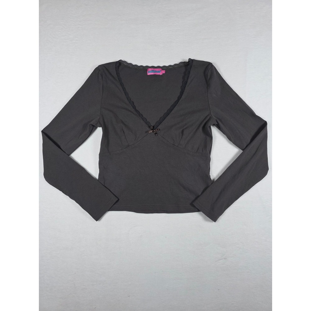 Edikted Long Sleeve V-Neck Crop Top Lace Trim Bow Large Grey Y2K Coquette Basic